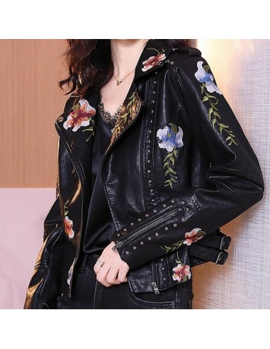 Veste simili cuir femme court broderies fleurs noire Les magasins à Paris