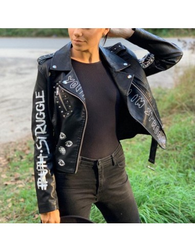 Veste simili cuir femme noir rock écritures imprimées des créatures d'habitude