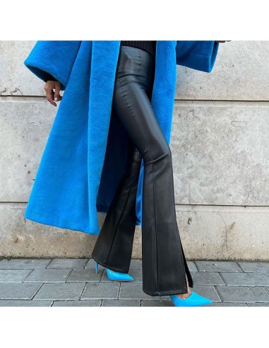 Pantalon en simili cuir évasé et fendu pour femme noir france