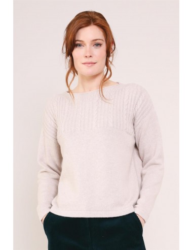 Pull torsades beige sable laine et coton de technologie